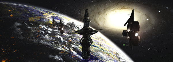 Bilder på skrivbordet Rymdstation Ytan av planeten Fantasy Fartyg 600x217