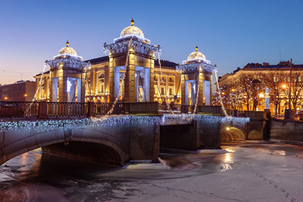 Fondos de escritorio San Petersburgo Edificio Ríos Puentes Invierno Tarde Luces de hadas Lomonosov Bridge