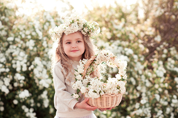 Photo Flowering trees Little girls Wicker basket Cute Beautiful Children