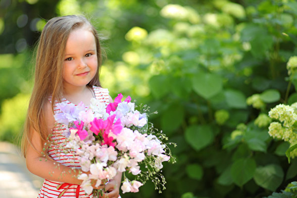 Image Bouquets Little girls Dark Blonde Glance Lovely Children