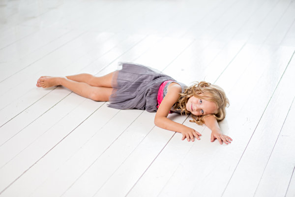 Photo Wood planks Little girls Modelling Dress Lovely child