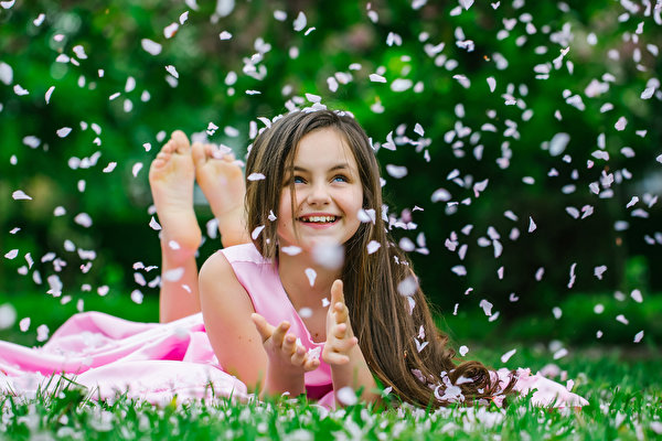 Photo Feathers Little girls Brown haired Smile Sweet Children