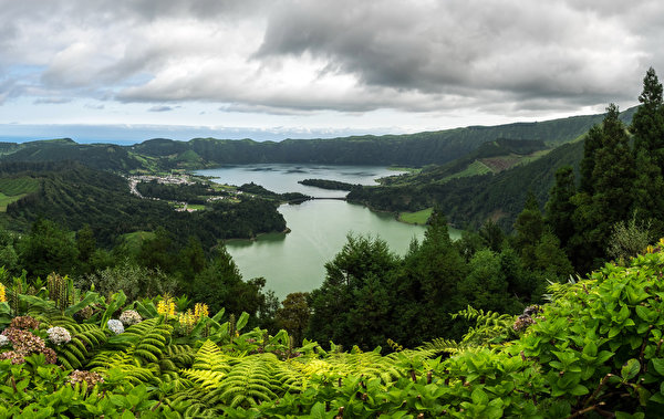 Bakgrunnsbilder til skrivebordet Portugal Sao Miguel Azores Natur skog Åser Innsjø 600x379 Skoger