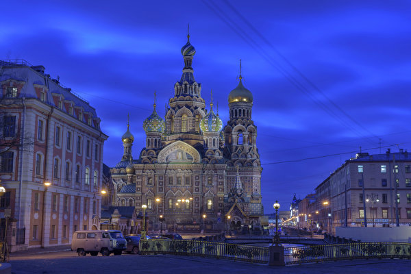 Fondos de escritorio Rusia San Petersburgo Templo Iglesia Farola Valla Noche Ciudades