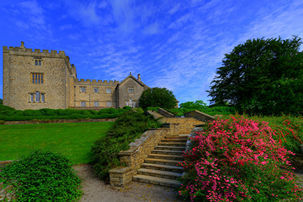 Fondos de escritorio Inglaterra Castillo Escalera Arbusto Césped Sizergh Castle and Garden