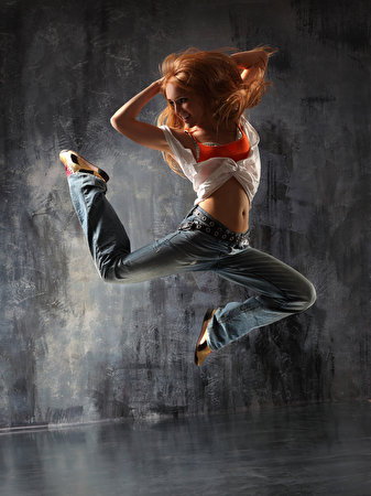 Images Redhead girl Dance Smile Girls Jump Legs Jeans 337x450