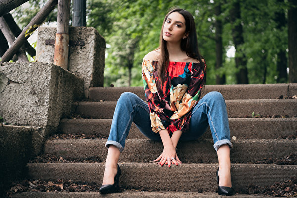 Ballerina out of doors, poses sitting on the stairs - Stock Image -  Everypixel