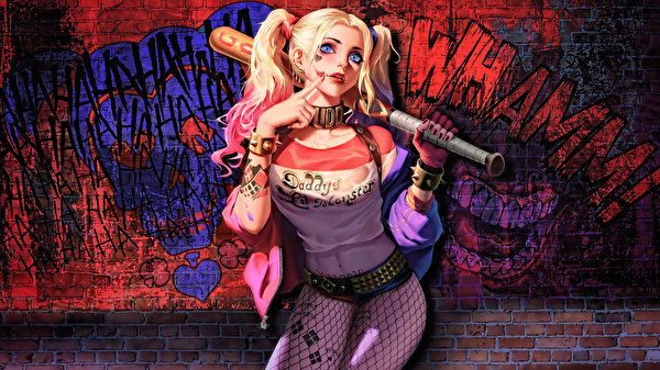Fondos de escritorio Harley Quinn Héroe Superhéroes Escuadrón Suicida 2016 Dibujado Bate de béisbol Posando Fantasía Chicas
