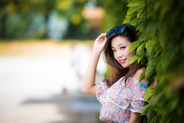 Pictures Brown Haired Smile Bokeh Female Asian Hands 600x400 0168