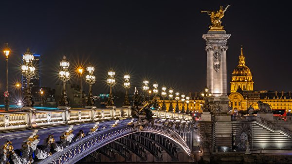 Papel de Parede Desktop França Pontes Esculturas Paris Noite Revérbero Alexander III bridge