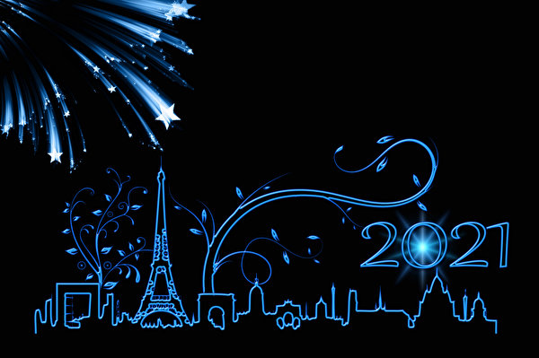 Papel de Parede Desktop Ano-Novo Fogos de artifício Paris Torre Eiffel Silhueta Estrela da decoração Fundo preto 2021