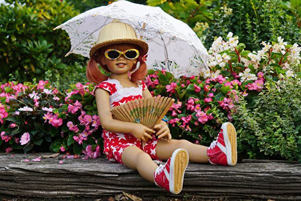 Images Germany Park Little girls Doll Glasses Parasol Hat Grugapark Essen Nature