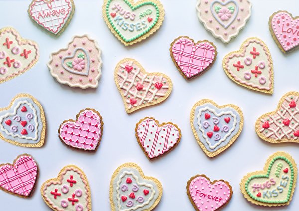 Fondos de escritorio Galleta Muchas Día de San Valentín Azúcar glas Fondo de color Corazón Palabra Ingleses Alimentos