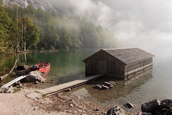 Fotos Deutschland See Steine Boot Seebrücke Bayern Nebel Koenigsee, Berchtesgaden National Park, Schoenau am Koenigsee Natur