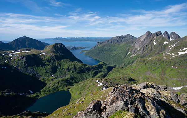 Fotos Lofoten Norwegen Fjord Berg Natur Von oben 600x379 Gebirge