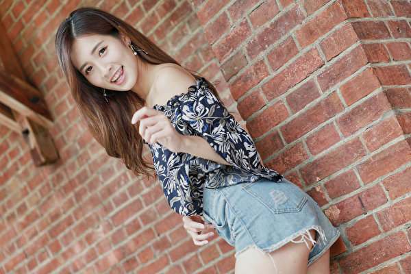 Fotos Asiatisches Lächeln Pose Wände Aus backsteinen Shorts Bluse junge Frauen