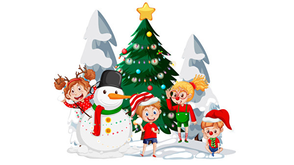 Pictures Christmas New Year tree Snowmen White background Boys Little girls