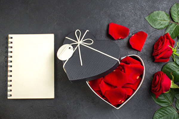Fondos de escritorio Día de San Valentín Rosas Bloc de notas Caja Regalos Pétalos Corazón
