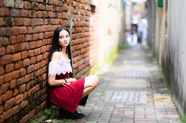 Bilder Asiatisches Unscharfer Hintergrund Wand Aus backsteinen Brünette Kleid Mädchens