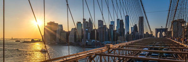 Papel de Parede Desktop EUA Edifício Pontes Arranha-céus Panorama Nova Iorque Manhattan Sol
