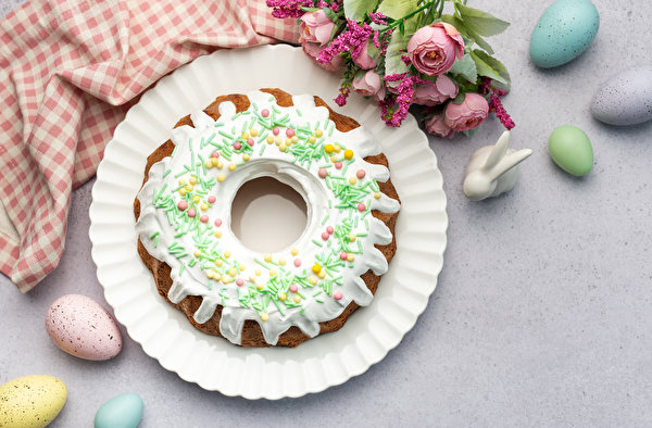 Wallpaper Easter Kulich Icing sugar Roses Plate Egg Food