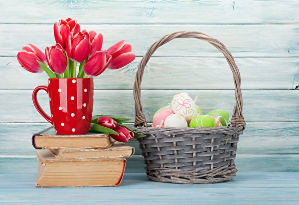 Wallpaper Easter Tulips Bouquets Egg Wicker basket Mug Books Wood planks Flowers