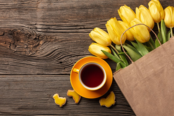 Desktop wallpapers Tulip Bouquet Coffee Cookies Yellow Paper bag Cup flower Food