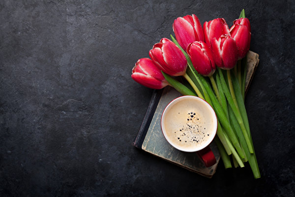 Wallpaper Tulips Bouquets Coffee Cup Books