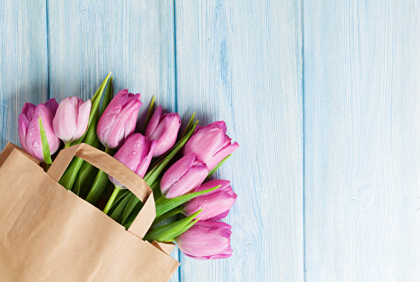 Images Tulips Bouquet Paper bag Wood planks