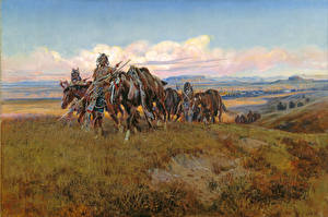 Bakgrunnsbilder Malerkunst Indianere Charles Marion Russell, In the Enemy's Country