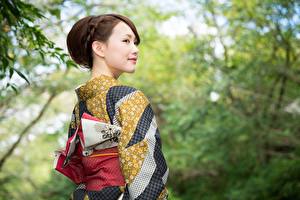 Images Asian Kimono Brown haired young woman