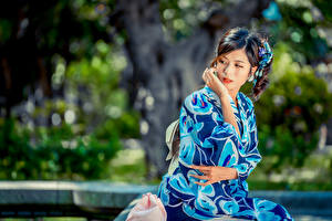 Image Asian Bokeh Kimono Hands Brunette girl young woman