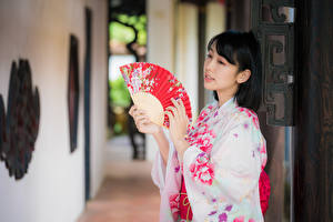 Sfondi desktop Asiatici Bokeh Kimono Le mani Ventaglio Bruna ragazza giovane donna