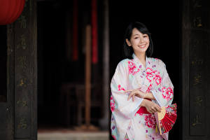 Picture Asian Kimono Hand fan Smile Brunette girl female