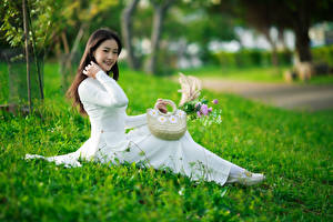 Fonds d'écran Asiatique Sac à main Bouquets Herbe S'asseyant Les robes Sourire Filles images